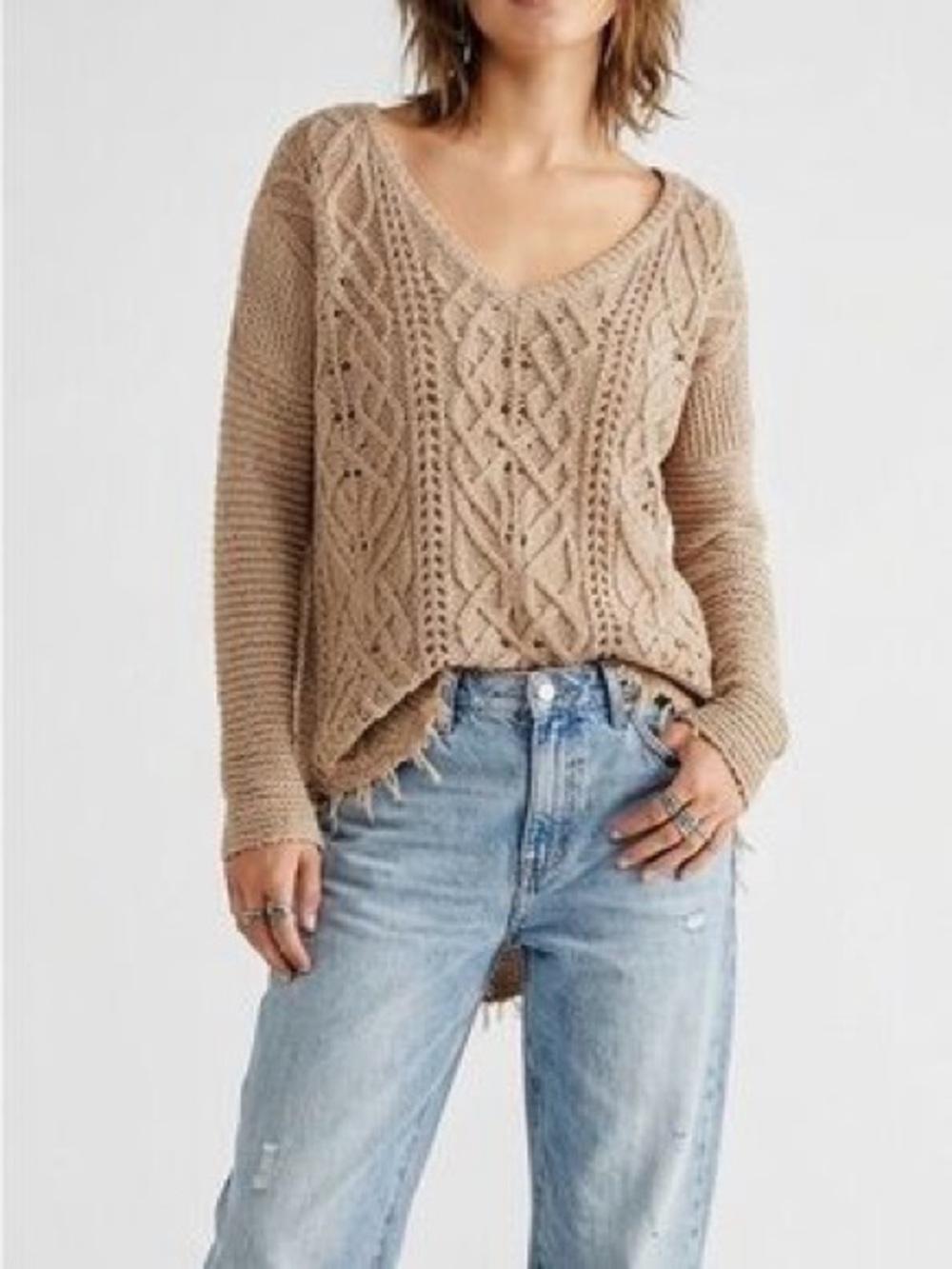 Free People Cross My Heart cable knit pullover sweater XS Distressed Boho Beach